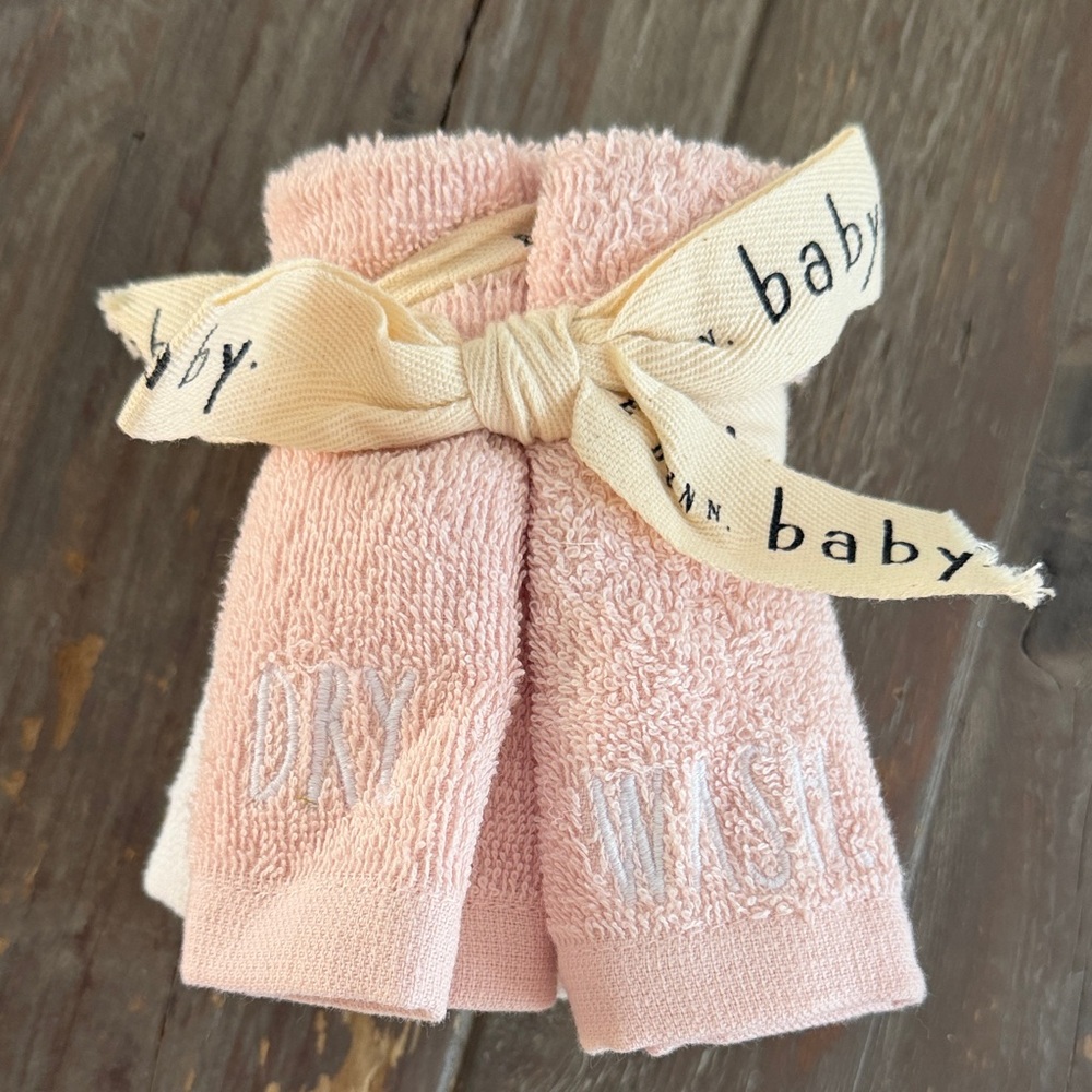 Rae Dunn Baby Pink 'Dry' & 'Wash' Terry Hand Towels with Cream Branded Ribbon